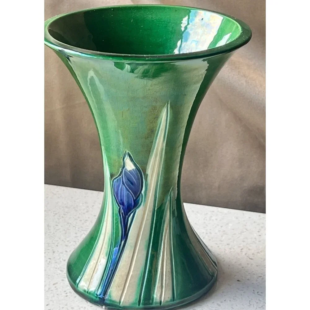 Awaji Green Ceramic Vase With Blue Iris Motif 6